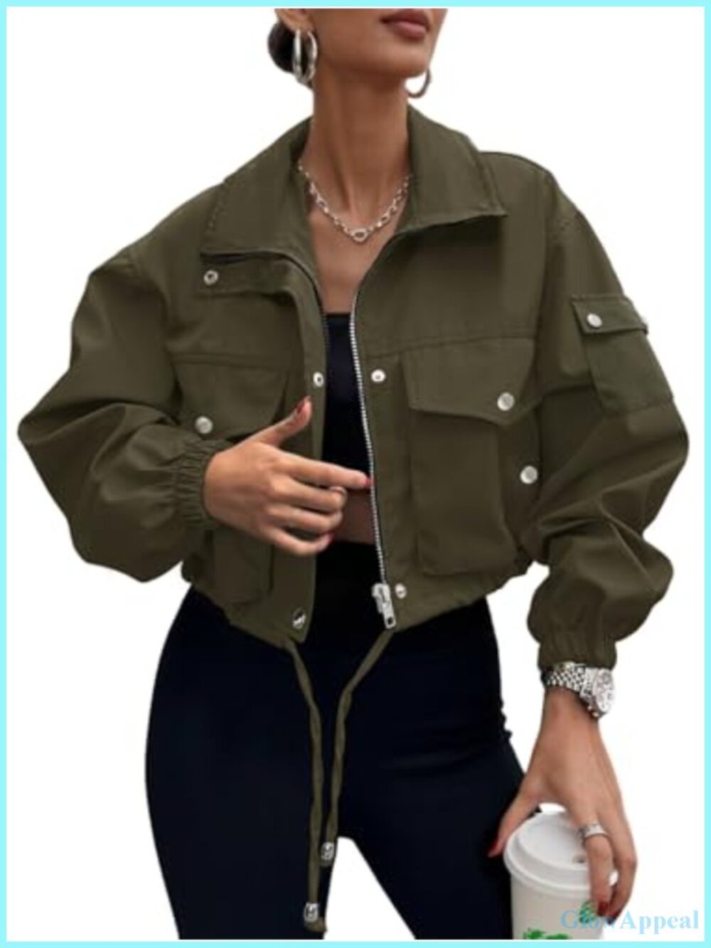 Lightweight Polyester Cropped Bomber Jacket Zip Pockets Casual